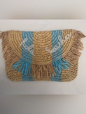 Woven Straw Fringe Clutch in Natural and Light Blue